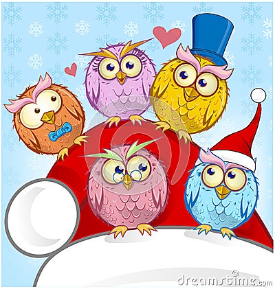 Greeting Christmas card Five Owls Vector Illustration