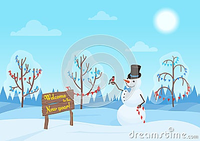 Greeting Christmas card, snowman in the forest. Happy New Year holidays. Alone Snowman in the woods. Vector Illustration