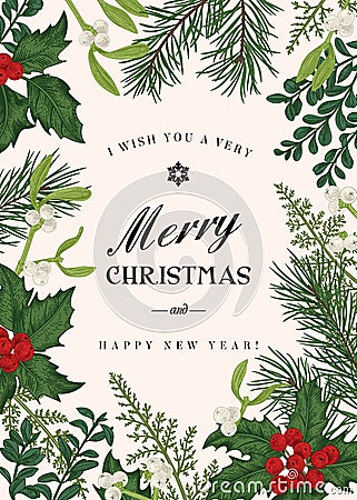 Greeting Christmas card in vintage style. Vector Illustration