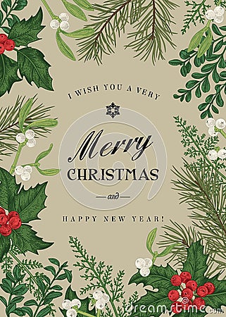 Greeting Christmas card in vintage style. Vector Illustration