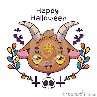 Greeting with cute evil goat and Halloween decorations Vector Illustration