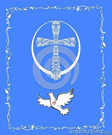 Greeting Easter blue card with flying dove, egg shape and vintage floral cross Vector Illustration