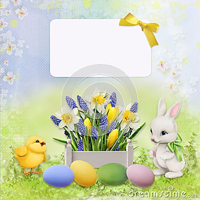 Greeting Easter card with rabbit, chicken and eggs Stock Photo