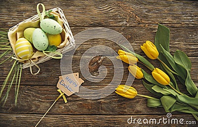Greeting easter composition on a wood Stock Photo