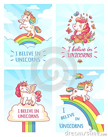 Greeting card writing design for girl with slogan I believe in unicorns . Rainbow colorful unicorn poster print vector Vector Illustration