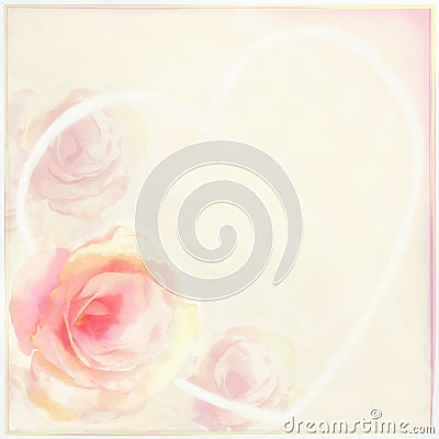 Greeting floral card with light roses, abstract heart and frame Stock Photo