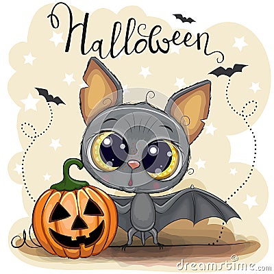 Cute Cartoon Bat with pumpkin Vector Illustration