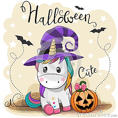 Cute Cartoon Unicorn with pumpkin Vector Illustration