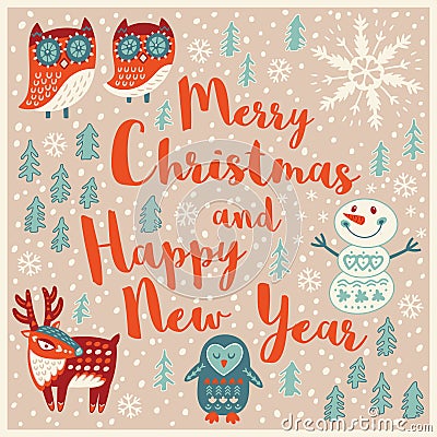 Greeting Holiday card with owls, snowman, deer and penguin Vector Illustration