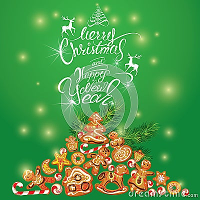 Greeting holiday Card of xmas gingerbread Vector Illustration
