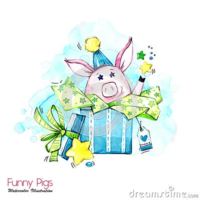 Greeting holidays illustration. Watercolor cartoon pig in gift box with stars and confetti. Funny surprise. Birthday Cartoon Illustration