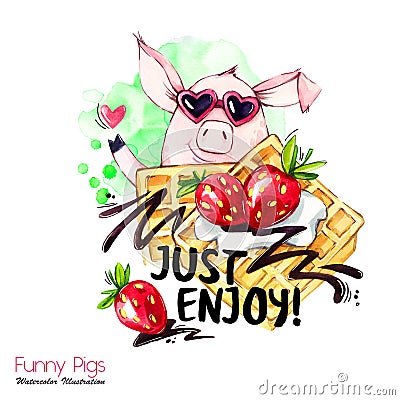 Greeting holidays illustration. Watercolor cartoon pig with weekend lettering and cream. Funny dessert. Party symbol Cartoon Illustration