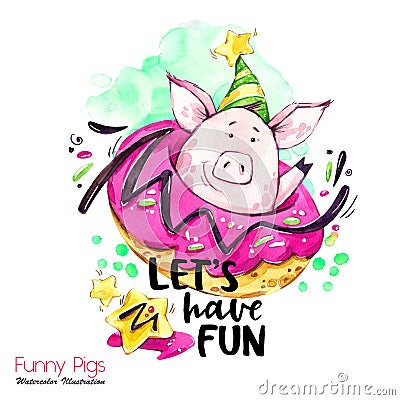 Greeting holidays illustration. Watercolor cartoon pig with weekend lettering and donut. Funny quote. Party symbol. Gift Cartoon Illustration