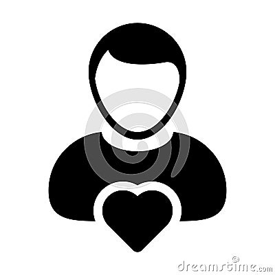 Greeting icon vector male user person profile avatar with heart symbol in a flat color glyph pictogram Vector Illustration