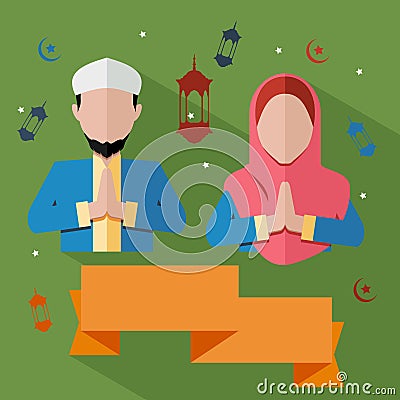 Flat Style Greeting Moslems and Ribbon Vector Illustration