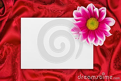 Greeting paper card and flower on red cloth Stock Photo