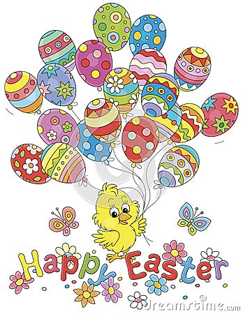 Easter card with a little chick and decorated balloons Vector Illustration