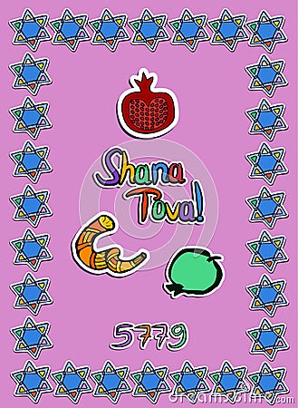 Greeting on Rosh Hashanah in paper style. Sticker. 5779. Shofar, pomegranate, apple, scroll, star. Doodle. Hand draw. Vector Illustration
