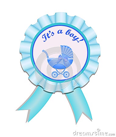 Greeting satin medal with stroller for baby boy. Invitation card with stroller. Baby Shower vector illustration eps10 Vector Illustration