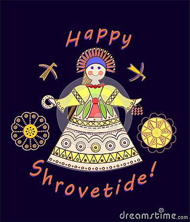 Greeting Shrovetide card with wishes and girl scarecrow Vector Illustration