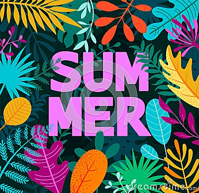 Greeting summer 2019 card on tropical leaves. Vector Illustration