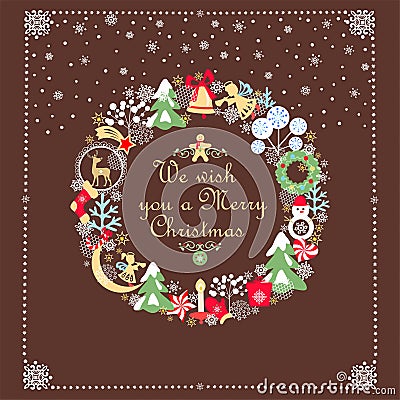 Greeting card for winter holidays with childish funny Christmas paper cutting wreath, candy, little angels, snowman, sock, mitten, Vector Illustration