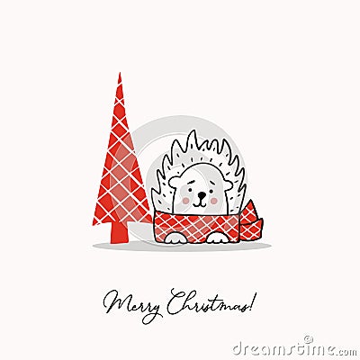 Greeting template with a cute hedgehog and a stylized Christmas tree . Holiday vector illustration Vector Illustration