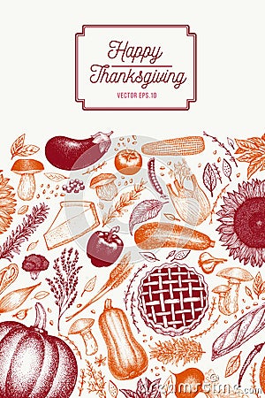 Greeting Thanksgiving card in retro style. Happy Thanksgiving Day design template. Vector hand drawn illustrations Vector Illustration