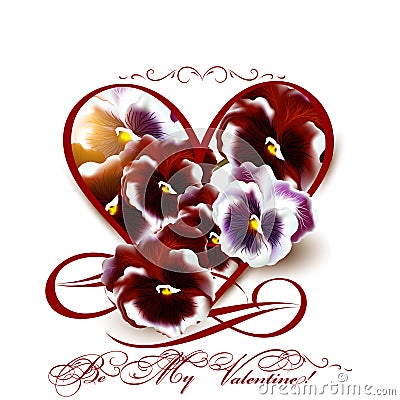Greeting valentine card with heart and violets flowers Stock Photo