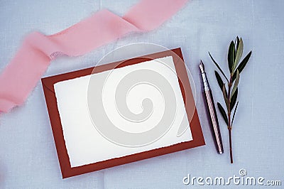 Greeting, wedding or congratulations stationery summer mockup. Flat lay, top view, copy space. Stock Photo