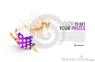 Greeting winner. Gambling vector banner. Victory celebration. Open textured purple box with confetti explosion inside Vector Illustration
