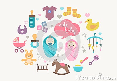 Greetings Card - Babies and Toys Vector Illustration