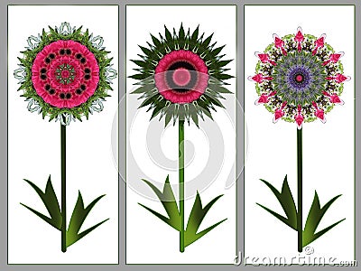 Greetings card with three fantasy flowers Stock Photo