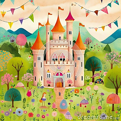 The greetings card with vibrant whimsical castle. Generative AI Stock Photo