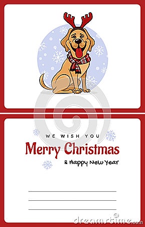 Greetings card We wish You a Marry Christmas and Happy New Year, funny Labrador Vector Illustration