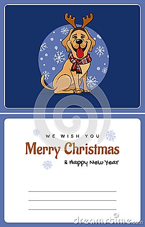 Greetings card We wish You a Marry Christmas and Happy New Year, funny Labrador Vector Illustration