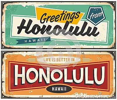 Greetings from Honolulu unique retro post card design Vector Illustration