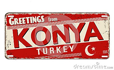 Greetings from Konya vintage rusty metal plate Vector Illustration