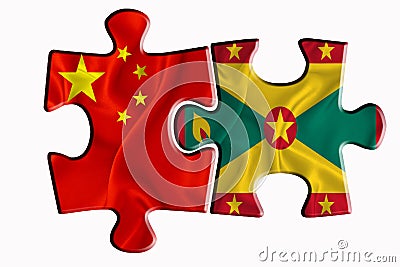 Grenada flag and China of America flag on two puzzle pieces on white isolated background. The concept of political relations. 3D Stock Photo