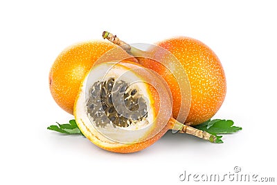 Grenadilla oval fruit with a green leaf sisolated on white Stock Photo