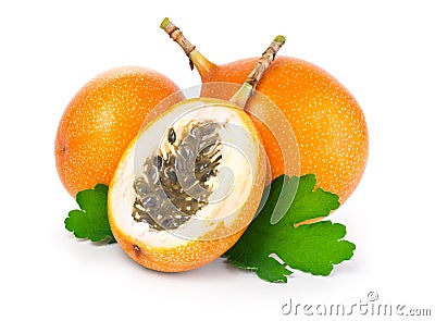 Grenadilla oval fruit with a green leaf sisolated on white Stock Photo