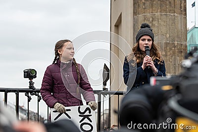 Greta Thunberg speaking to her audience at a demo in Berlin Editorial Stock Photo