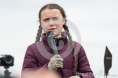 Greta Thunberg speaking to her audience at a demo in Berlin Editorial Stock Photo