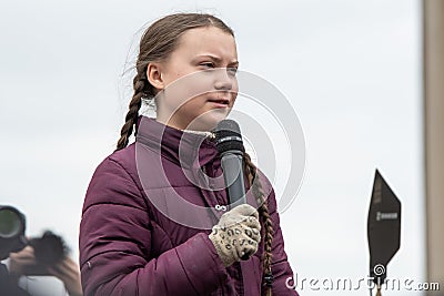 Greta Thunberg speaking to her audience at a demo in Berlin Editorial Stock Photo