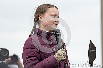 Greta Thunberg speaking to her audience at a demo in Berlin Editorial Stock Photo