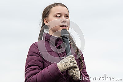 Greta Thunberg speaking to her audience at a demo in Berlin Editorial Stock Photo