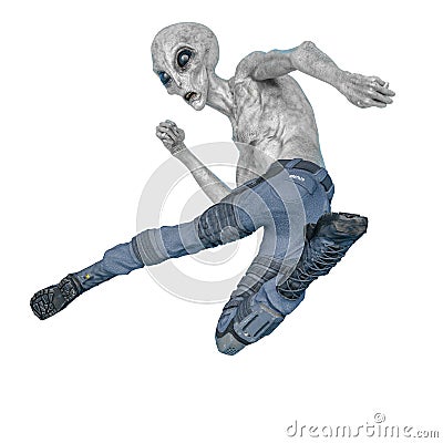 Grey alien on military ready to win in white background Cartoon Illustration