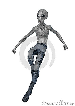 Grey alien on military ready to win in white background Cartoon Illustration