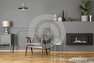 Grey armchair next to silver table in elegant living room interi Stock Photo