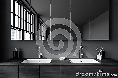 Grey bathroom interior with washbasins and mirror, accessories and window Stock Photo